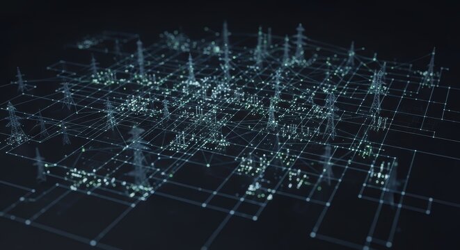 Abstract technological network of illuminated nodes and power lines on dark background.