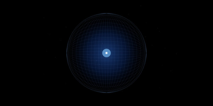 Abstract digital wireframe sphere grid glowing on black background with abstract