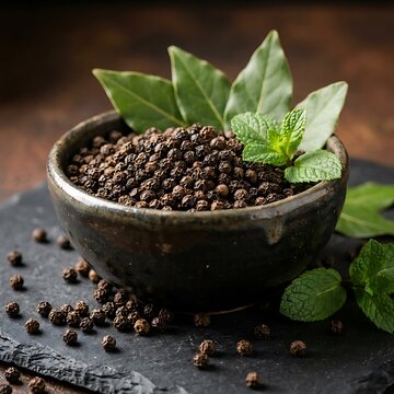 Bowl overflowing with black peppercorns