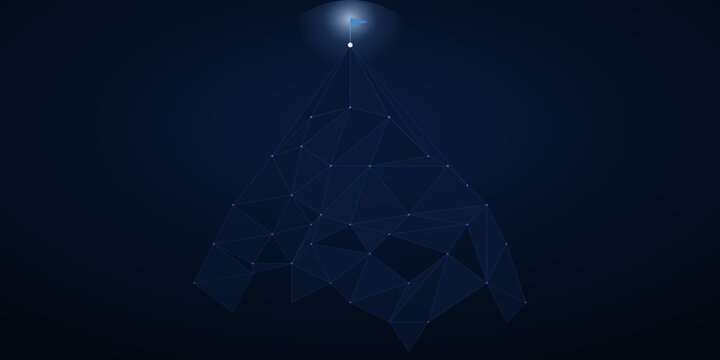 Digital geometric mountain peak with achievement flag abstract data wireframe