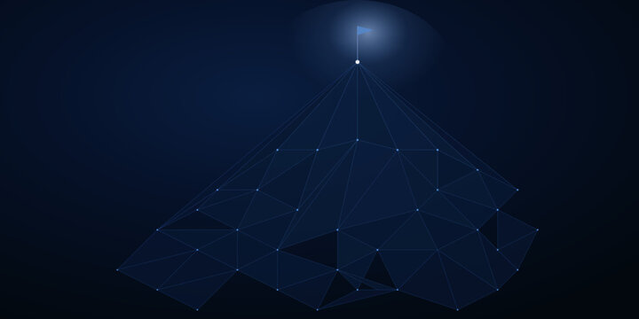 Low poly mountain peak concept with flag digital network structure on dark blue