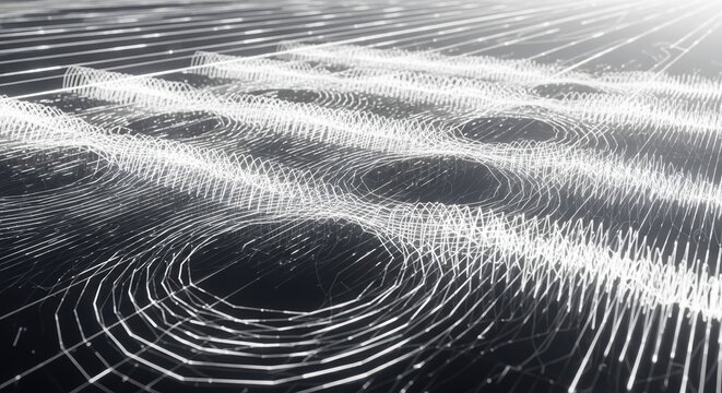 Abstract waves of light representing frequency data flow in high tech background art.