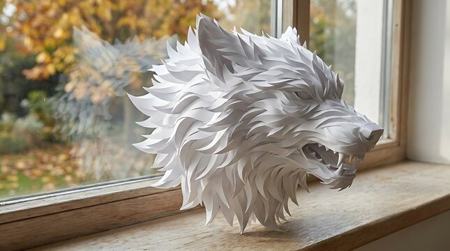 Intricate white paper wolf head sculpture art