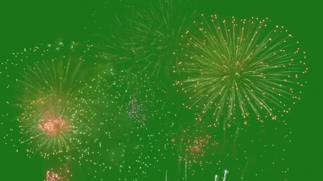 Colorful fireworks explosion display animation on green screen background