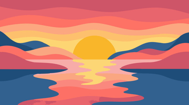 Stylized sunset landscape with colorful layered mountains and water