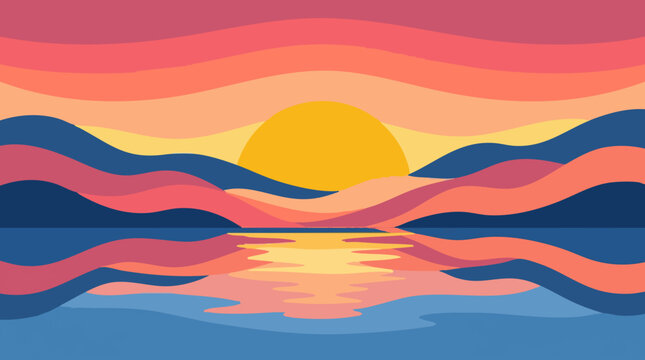 Colorful Wavy Abstract Landscape with Sunset and Water Reflection