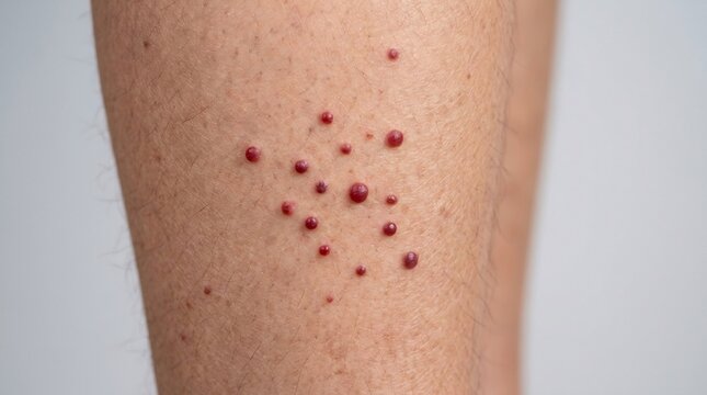 Close-up of red vascular papules on human skin of a lower leg showing dermatological skin condition