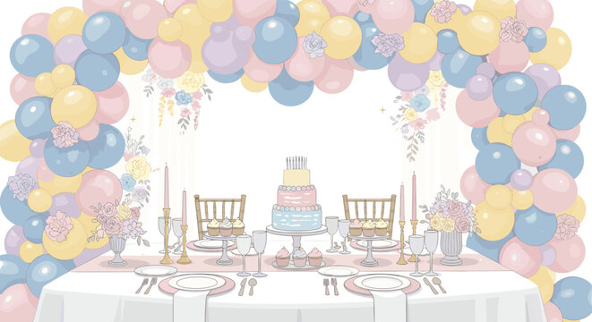 Beautifully decorated party table with a tiered cake and balloon arch for an elegant birthday or celebration event.