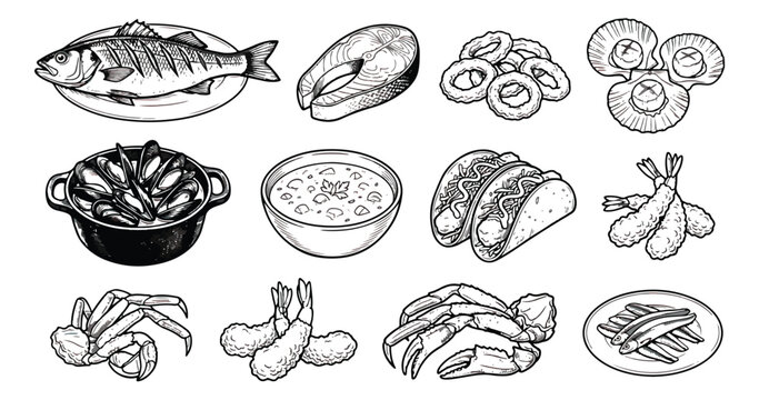 Vintage seafood icons set, hand drawn fish and shellfish illustrations, 12 black and white nautical food vector elements for restaurant menus
