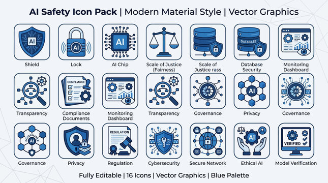 A collection of modern material style vector graphics icons depicting various technology and safety symbols on a digital platform.