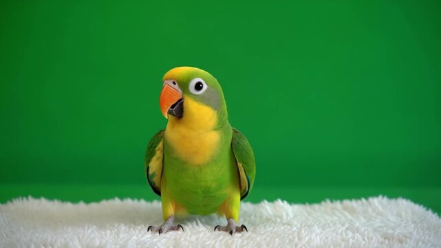 Small parrot with green background and white ground looking curious and surprised during cinematic motion