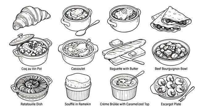 French cuisine line art collection, set of 12 hand drawn food icons, traditional gourmet dishes including coq au vin and ratatouille vector illustrations