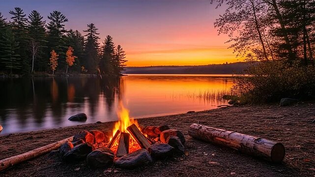 A glowing campfire burns on a pebble beach by a calm lake during a vibrant sunset