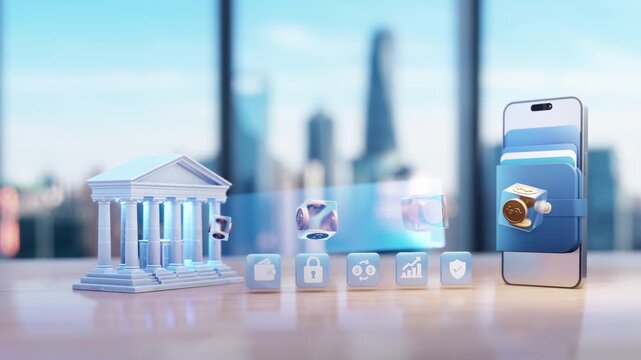 A smartphone with a digital wallet app represents virtual banking. A stylized bank building, floating currency cubes, and icons for security, exchange, and growth illustrate secure, convenient online