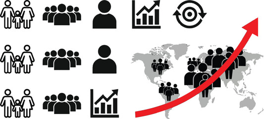 Set of human population icons with world map growth chart and people demographics symbols for business analytics and social statistics presentation in black and red color style Vector © Best Pixels 