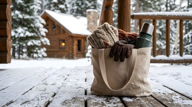 Canvas tote bag with winter clothes and thermos on snowy cabin porch