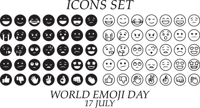 World Emoji Day dual contrast icons vector set illustration with expressive faces and hand gestures for celebration design