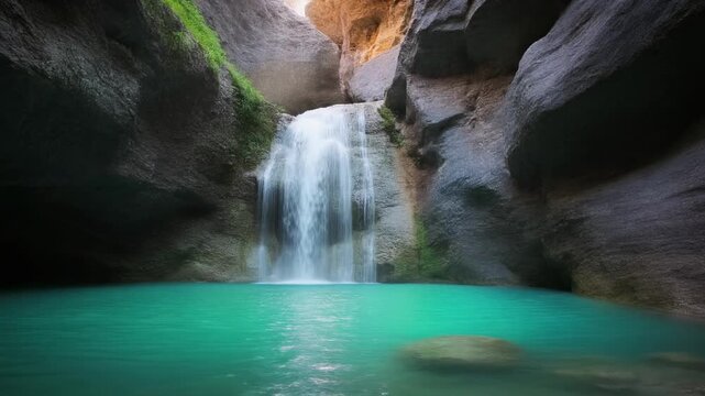 Turquoise pool beneath a tall waterfall in a rocky canyon