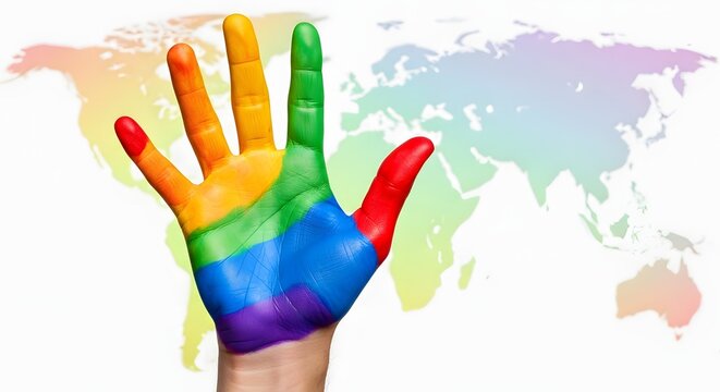 Diversity and global inclusion awareness concepts. Human rights and social equality advocacy. A hand painted in rainbow colors raised against a blurred world map background