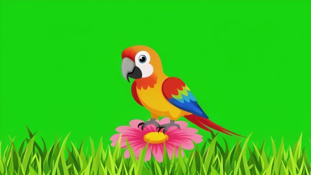 Animated parrot perched on flower with green screen background and grass detail