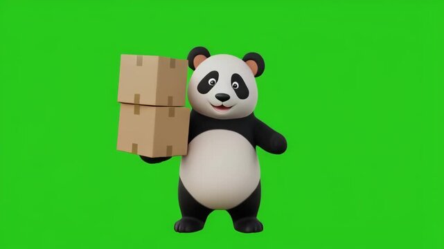 Animated panda holding parcel in front of green screen with subtle camera movement