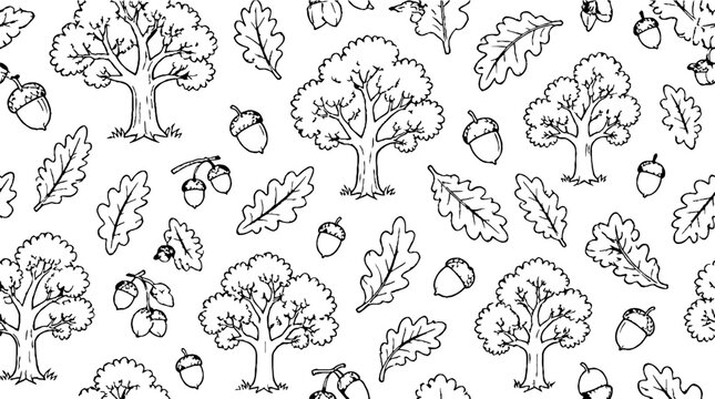 Hand drawn oak leaves and acorns pattern design.
