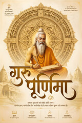 Fototapeta premium Guru Purnima celebration honoring Maharishi Ved Vyas writing sacred scriptures before a geometric mandala, symbolizing Vyasa Purnima, Vedic wisdom, Hindu festival greeting design.
