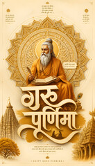 Obraz premium Guru Purnima celebration featuring Maharishi Ved Vyas in peaceful meditation beneath a sacred mandala, representing Vyasa Purnima, Vedic wisdom, Hindu spirituality, festival greeting design.