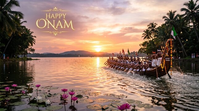Happy Onam greeting card with a traditional snake boat race on a serene river at sunset with palm trees.