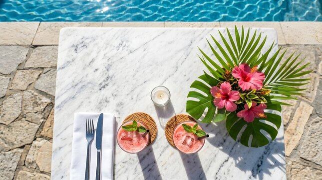 Two pink tropical cocktails and hibiscus flowers on marble table by the pool