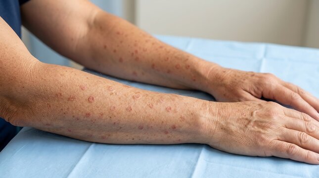 Close-up of human forearms and hands with reddish skin lesions resting on a blue medical surface