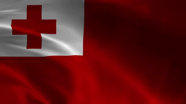 Tonga Flag Waving in Wind Seamless Loop &ndash; Full HD 1080p Realistic Cloth Animation with Red Cross on White Canton Motion Graphics