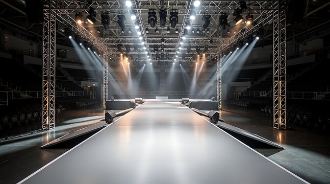Empty fashion runway with bright spotlights and stage lighting.