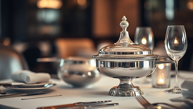 An elegant cruet set on a restaurant table with silver stand.