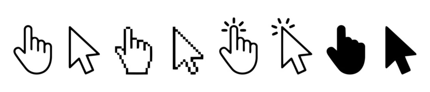 Collection of computer mouse cursor pointer icons and hand select touch symbols with internet interface technology computer navigation software pointing application interaction