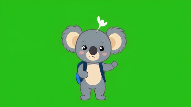 Adorable koala character with backpack and graduation cap waving on green screen background