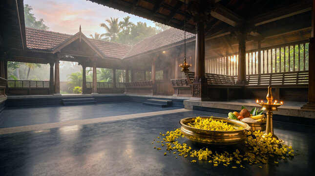 Traditional Kerala Vishu Kani arrangement with lit brass oil lamp and yellow Kani Konna flowers in an open courtyard of a classic wooden Nalukettu house at misty sunrise.