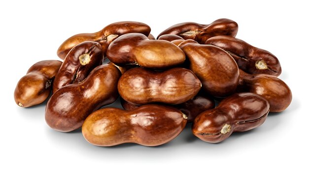A pile of raw brown tamarind seeds isolated on a white background.
