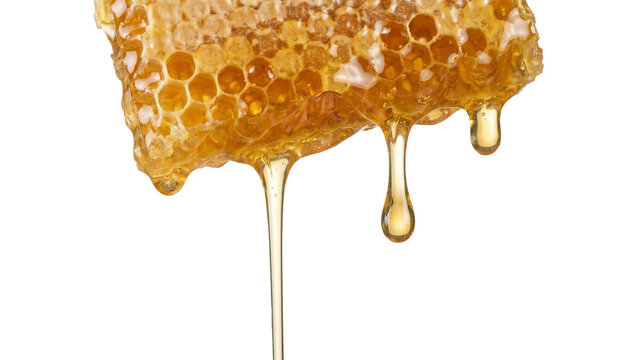 Golden honeycomb with dripping honey isolated PNG, natural sweet food on transparent background for healthy eating and beekeeping concepts