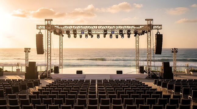 Empty outdoor concert stage with lighting and sound equipment on a beach at sunset.