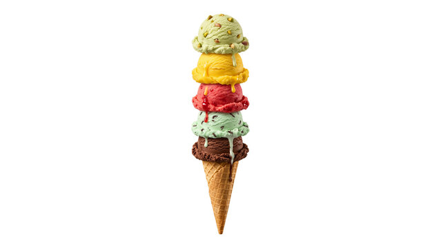 Towering stack of five colorful ice cream scoops in waffle cone, isolated on transparent background