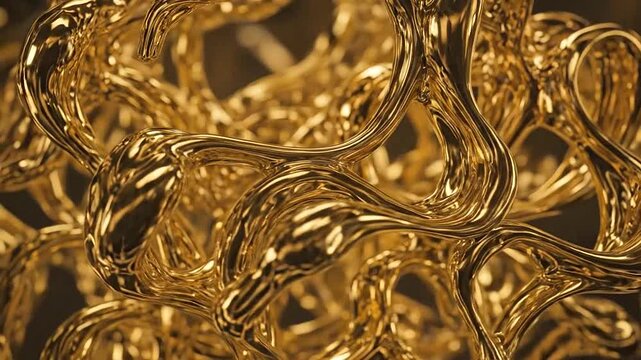 Abstract liquid gold flowing in organic swirling patterns with reflective metallic highlights