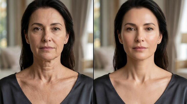 Split screen comparison of a middle-aged woman showing before and after effects of anti-aging skincare treatment on face and neck
