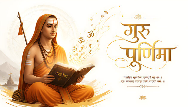 Guru Purnima celebration honoring Adi Shankaracharya reading sacred scriptures with glowing Sanskrit letters, symbolizing Advaita Vedanta, Hindu philosophy, spiritual wisdom, festival greeting poster 