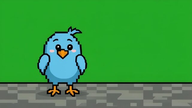 Animated blue bird character giving thumbs up on green background with stone path in cinematic motion