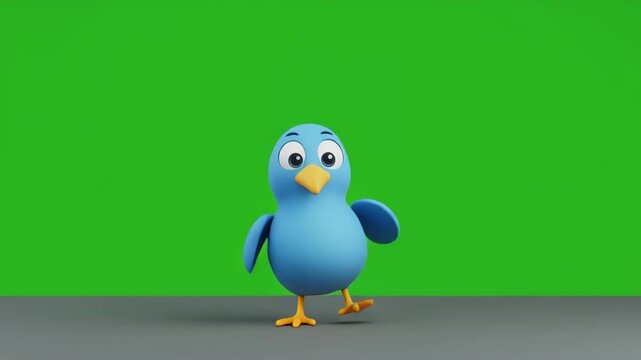 Animated blue bird character standing and waving on a green screen background with cinematic motion