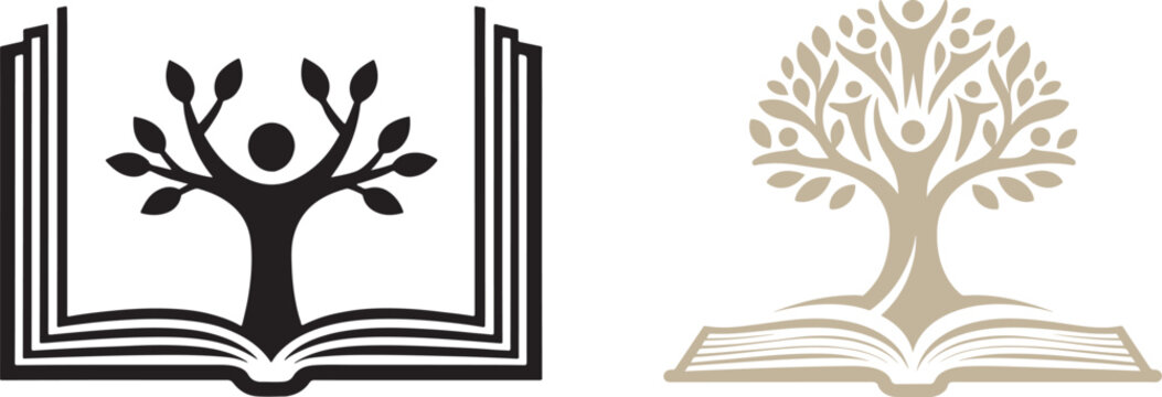 Vector icons of open books with stylized human trees for education knowledge and personal growth