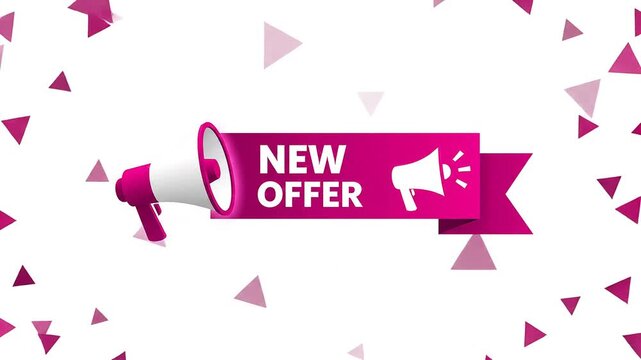 Modern red vector banner ribbon new offer with megaphone. Web element. 4k video