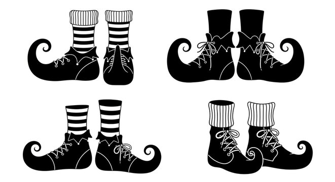 Leprechaun and elf shoes silhouette icon set, black and white curly boots with striped socks vector illustration collection for Christmas and St Patricks Day design.
