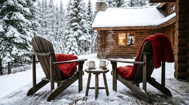 Cozy winter porch with wooden chairs red blankets and hot drinks in front of a log cabin